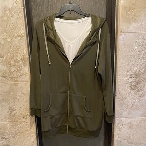Olive Green Long Women's Zip-Up Hoodie with white short sleeve top